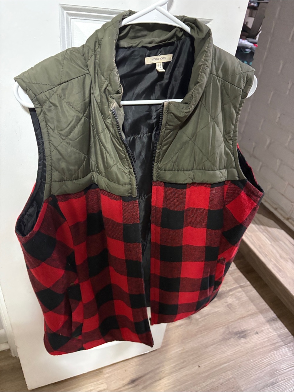Maurices Olive Green Quilted & Red Black Buffalo Plaid Vest